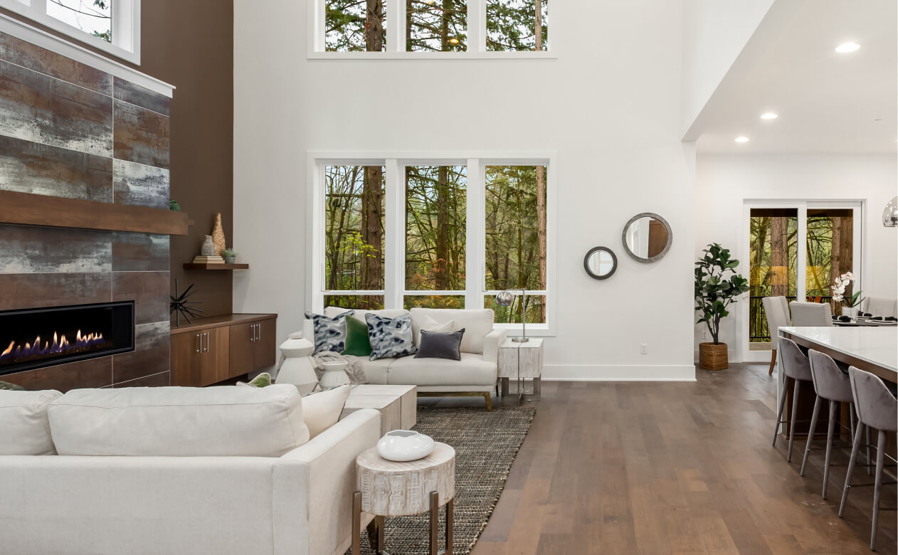 Dark hardwood in loft setting with high ceiling. 